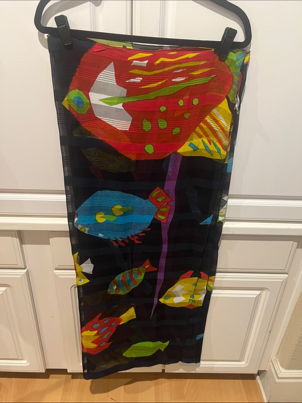 Black Sheer Printed Extra Large Scarf with Colorful Fish Motifi